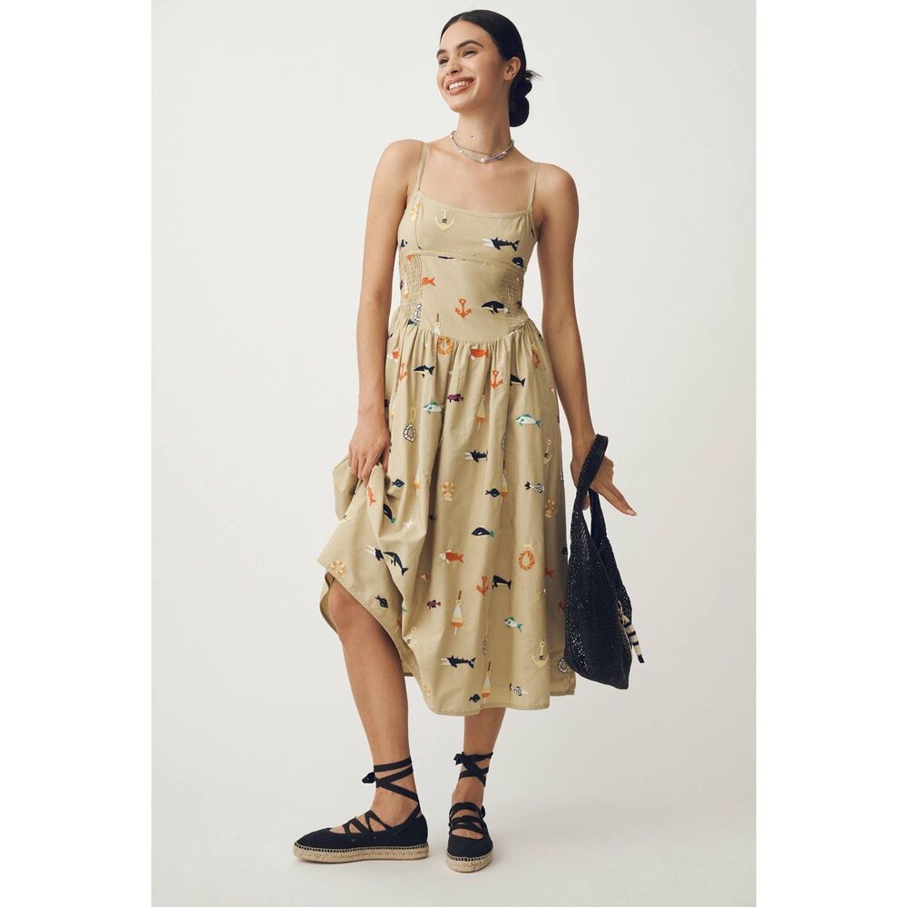 Anthropologie Maeve Sleeveless Square-Neck Drop-Waist Midi Dress